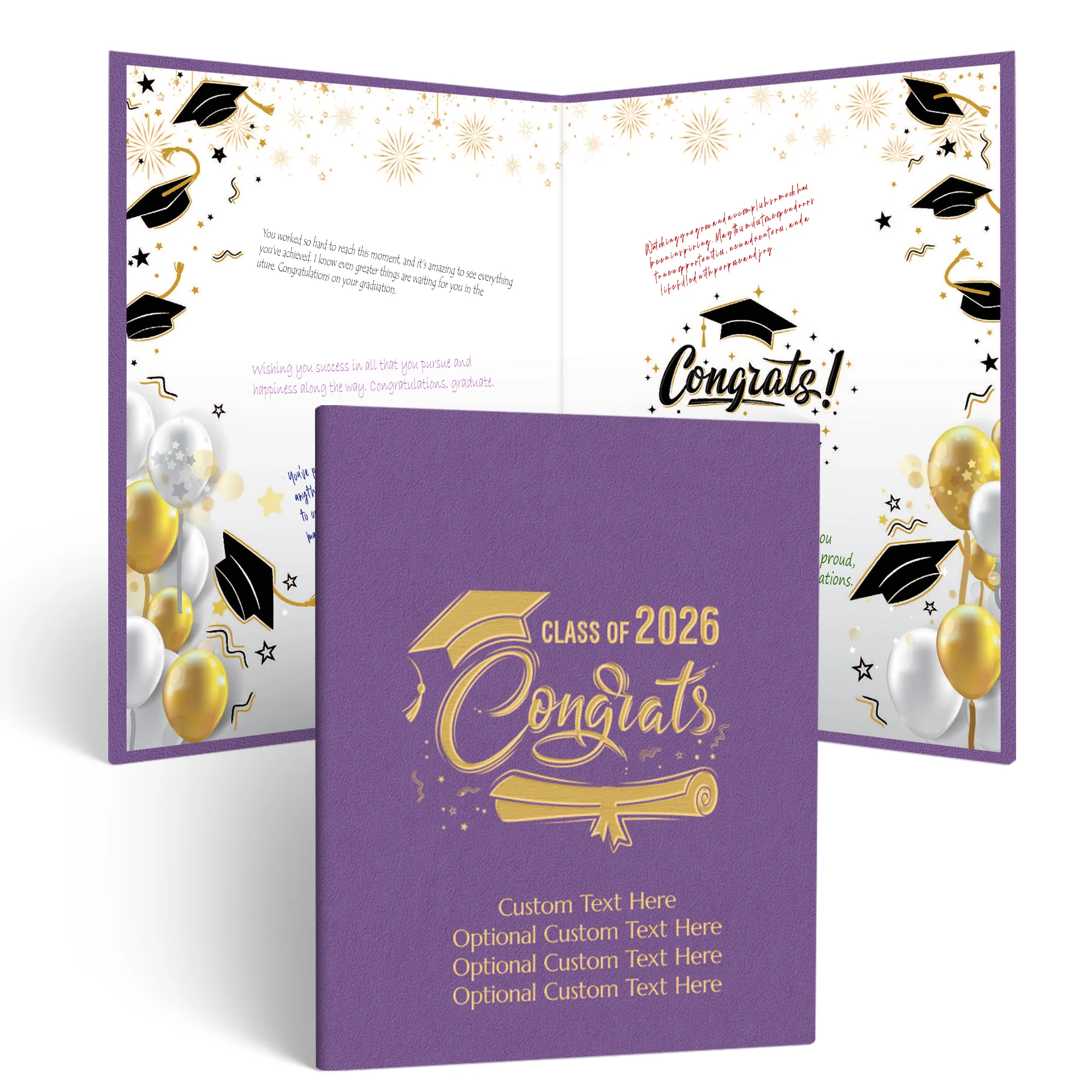 Purple PERSONALIZED ALTERNATIVE Graduation Guestbook with gold “Class of 2026 Congrats” design on the cover, displayed open with graduation caps, stars, and balloons inside for guests to write messages and signatures.